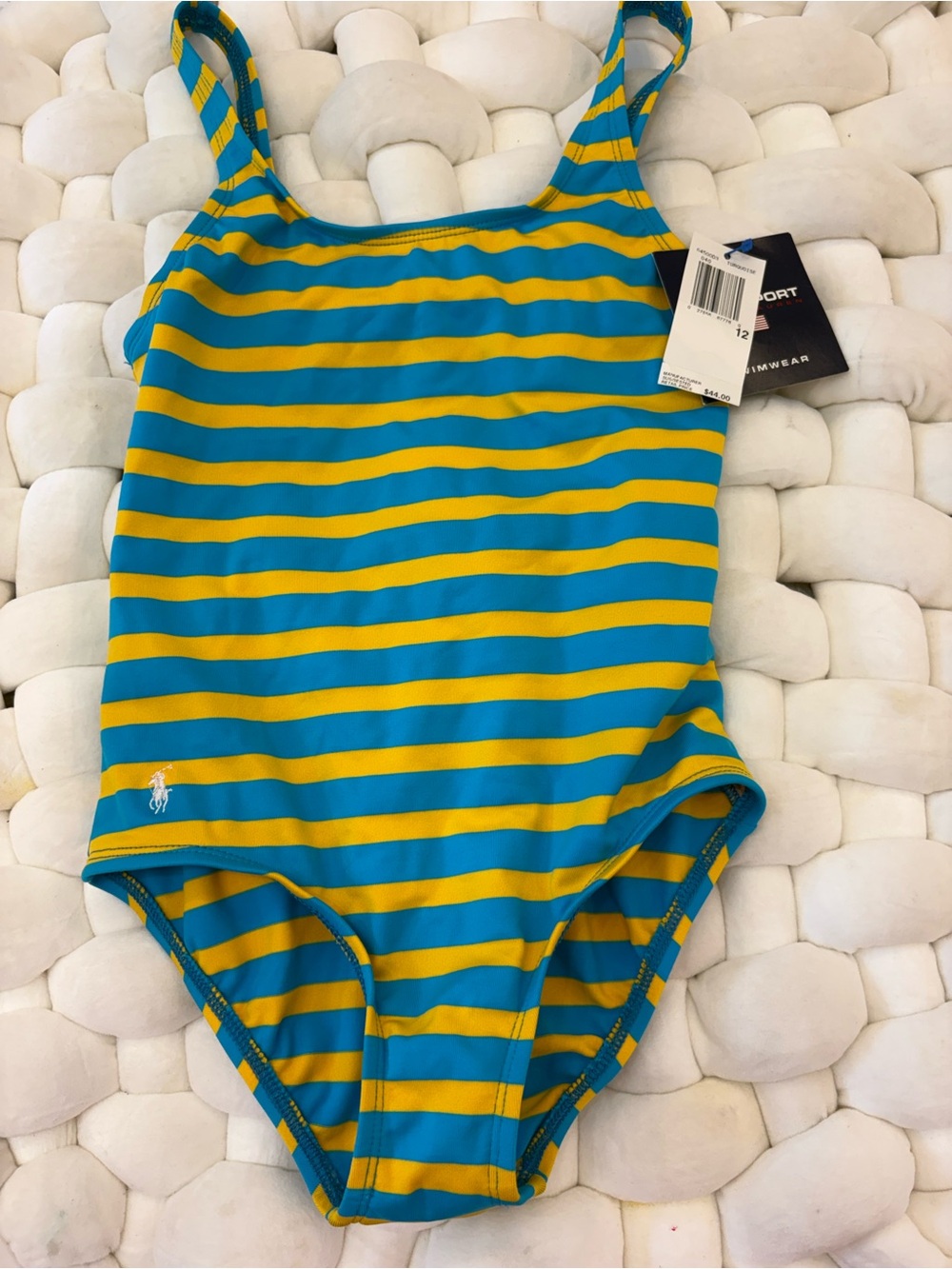 Polo Sport by Ralph Lauren Teal & Yellow Striped Girls One-Piece Swimsuit